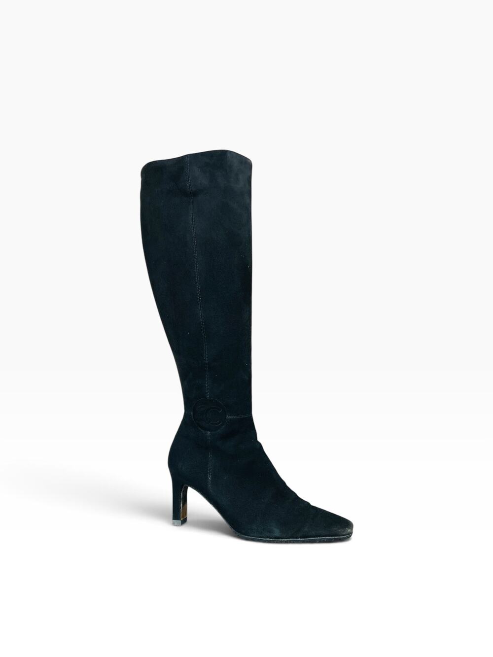 Chanel CC Tall Suede Riding Boots Black Knee High Almond Toe Heels EU 35 2001